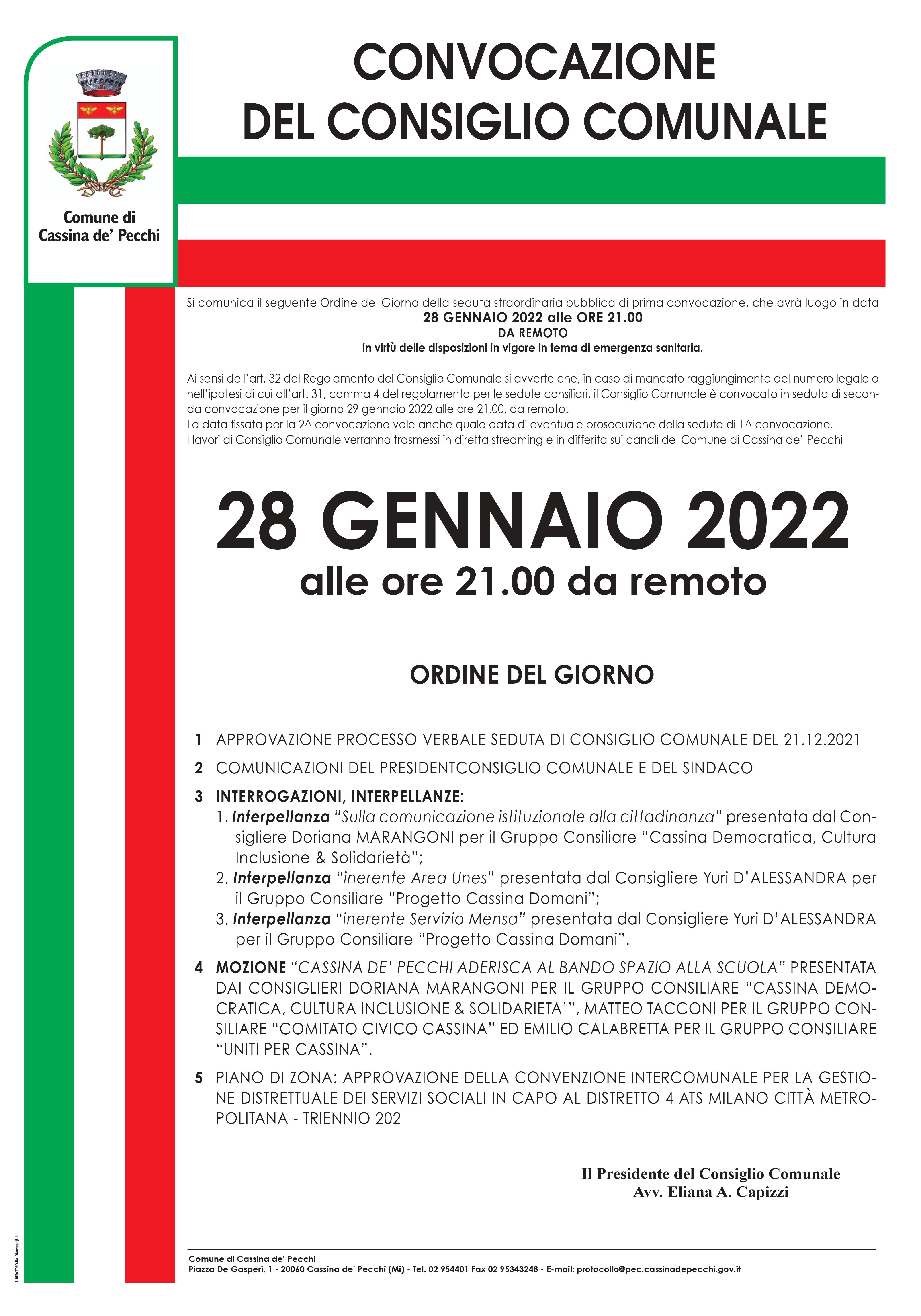 Convocazione Consiglio Comunale 28 gennaio 2022